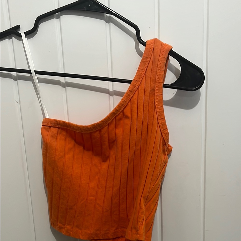 Orange Ribbed One-Shoulder Top - Picture 3 of 3